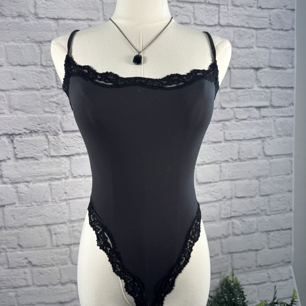 SKIMS Black Lace Trim Thong Bodysuit M Adjustable Straps